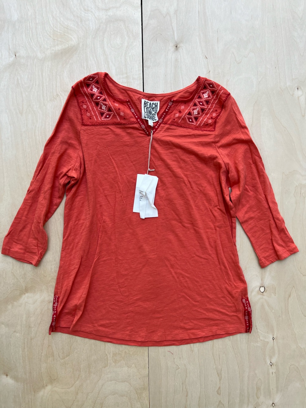 beachlunchlounge Coral Red Embroidered V-Neck Long Sleeve Tee